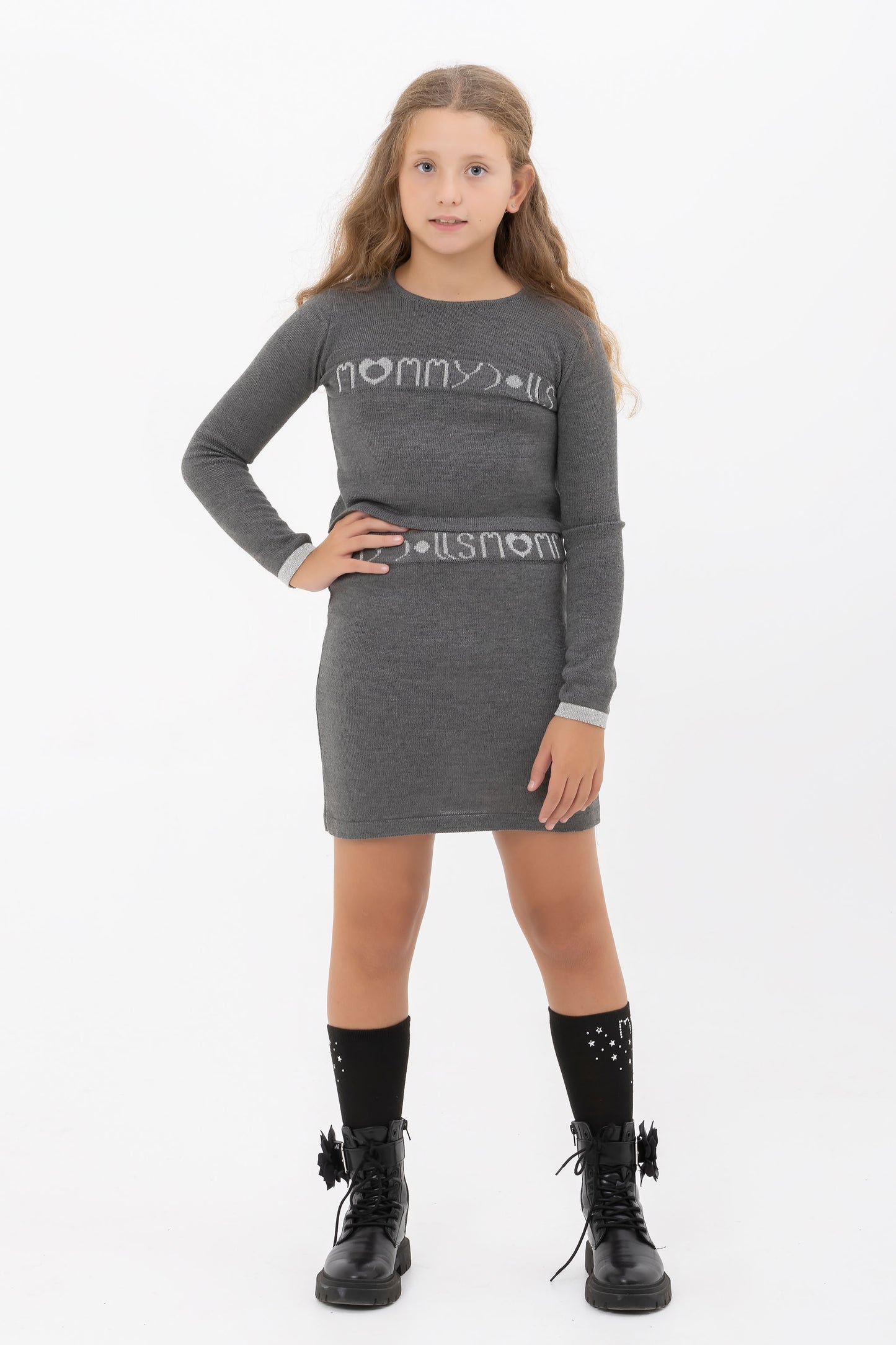 Completo merino bicolor grigio bambina