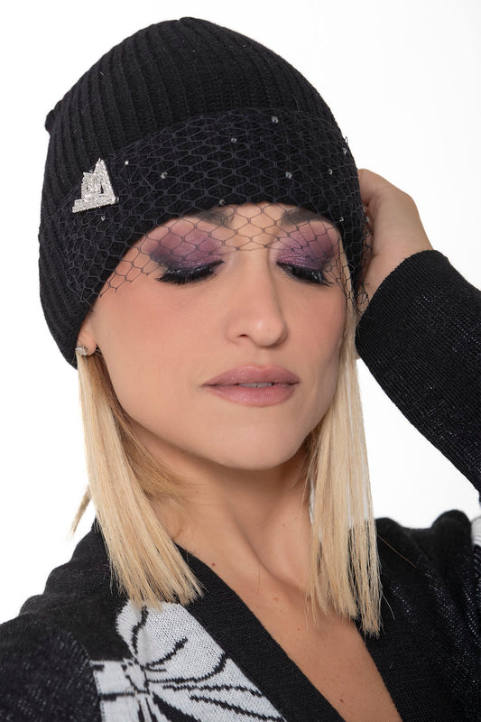 Cuffia con veletta, strass e spilla