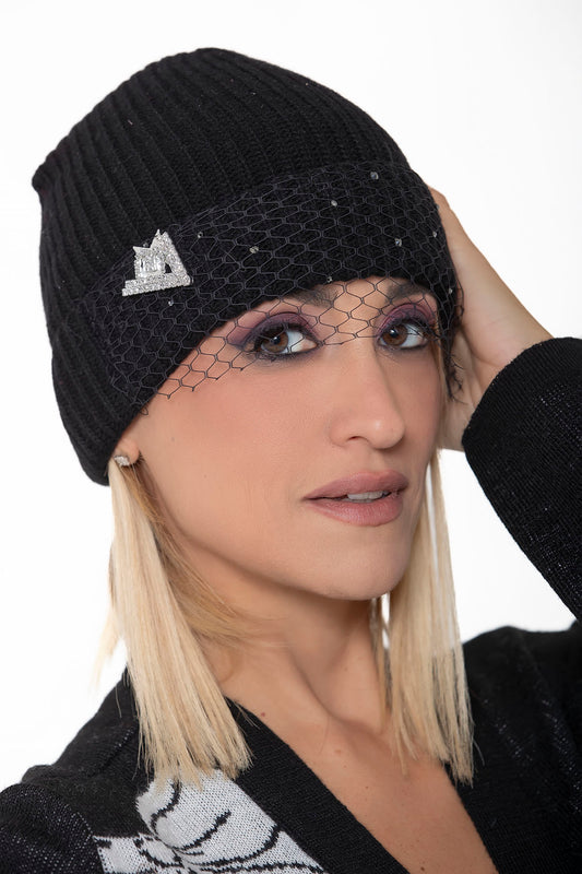 Cuffia con veletta, strass e spilla